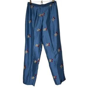 VTG Silks by I.S.C. 100% SILK Pants Style # 5565 Blue Embroidered Roses Cottagec